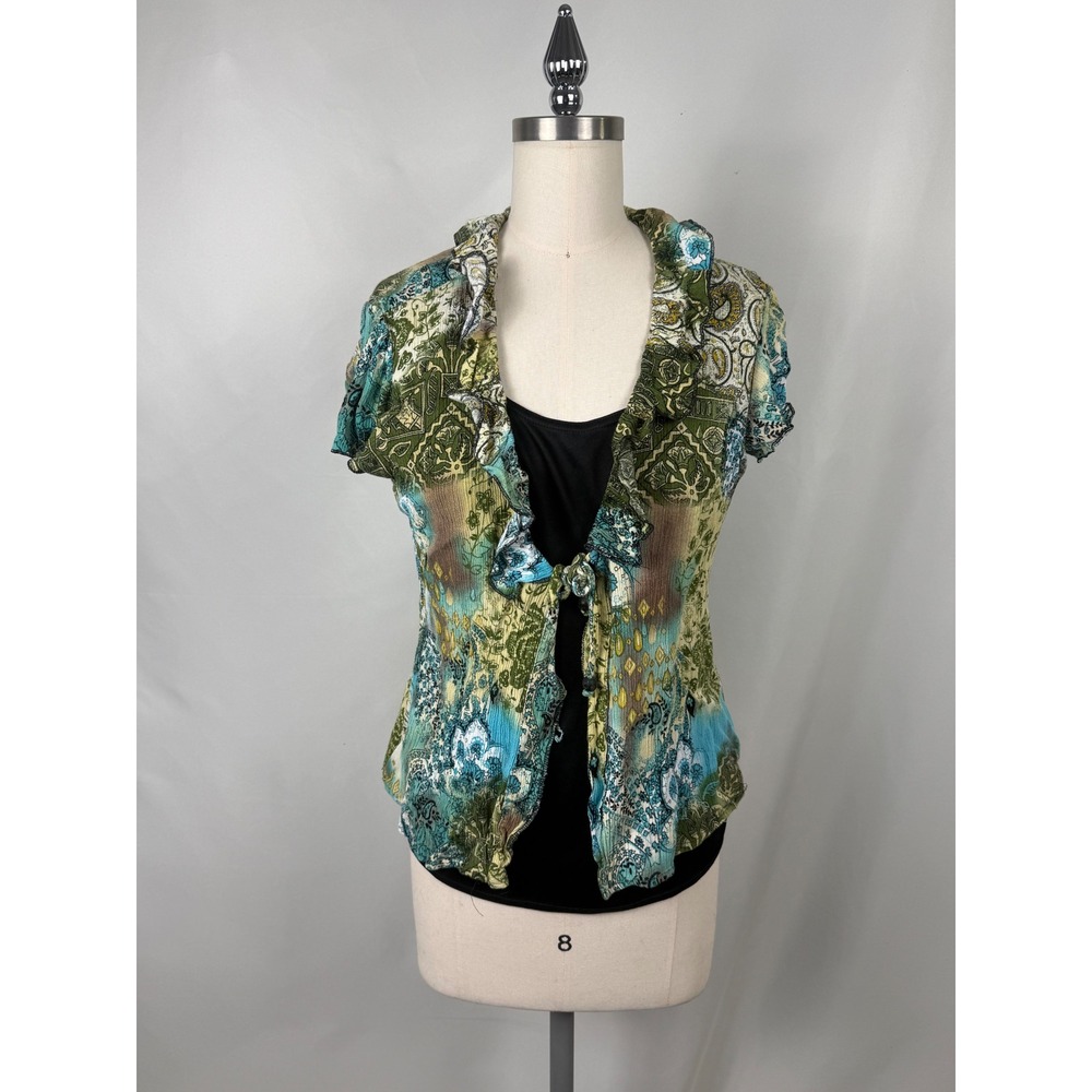 Dressbarn Y2K Style Large Paisley Ruffle Tie Front Layered‎ Boho Top Blouse
